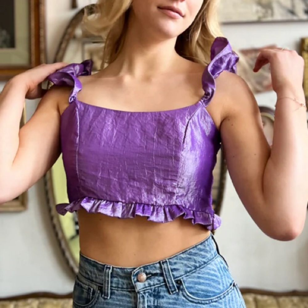ASOS purple ruffle crinkle taffeta top